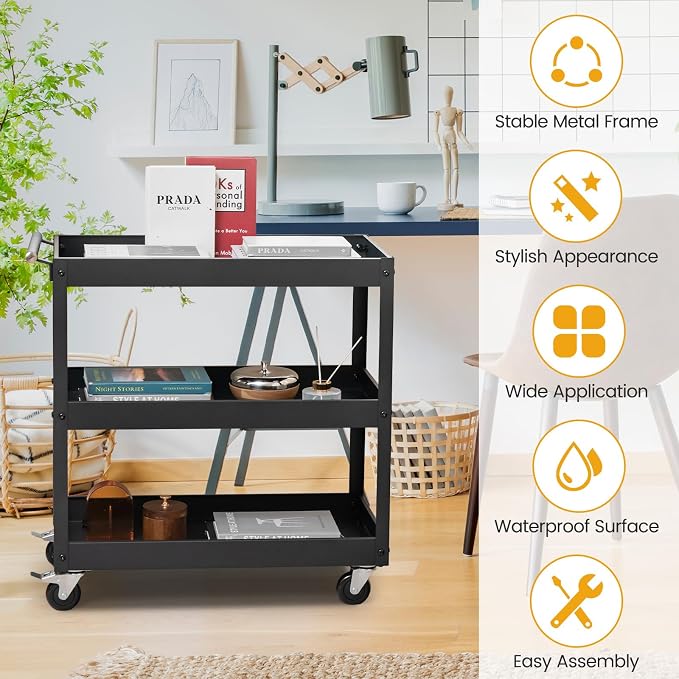 Goplus 3-Tier Utility Cart, Heavy Duty Commercial Service Tool Cart w/Lockable - Image 4