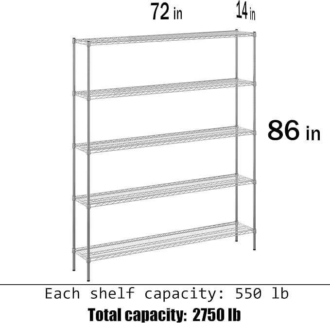 14" Deep x 72" Wide x 86" Height Wire Shelving Kit | 5-Tier | NSF Commercial - Image 3
