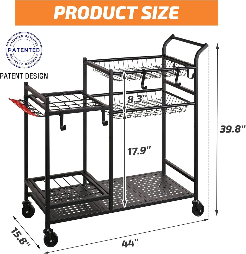 Rolling Garden Tool Organizer with Shelves and Hooks, Black