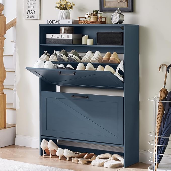 Shoe Storage Cabinet with 2 Flip Drawers, Farmhouse Narrow Shoe Organizer with by RWYHG