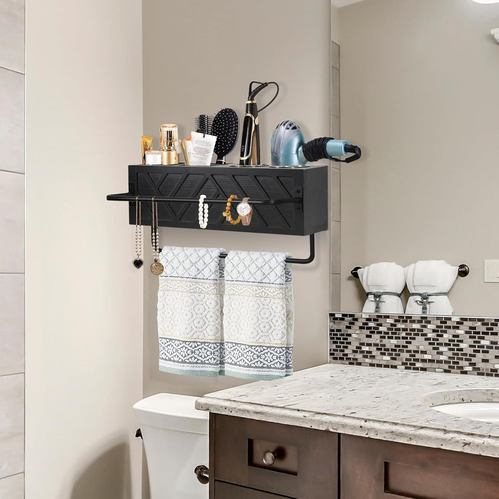 Hair Tool Organizer Wall Mount With 2 Towel Bars, Wood Hot Tools