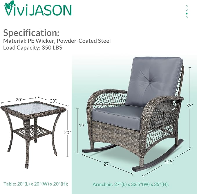 VIVIJASON 3-Piece Outdoor Conversation Bistro Set, Patio Wicker Rocking Chairs - Image 6