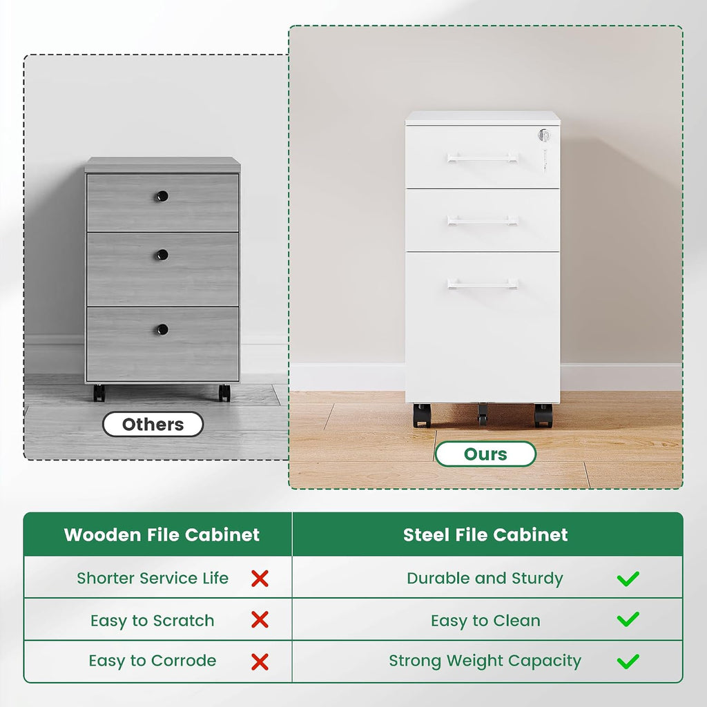 3 Drawer Slim File Cabinet, Mobile File Cabinet with Lock for Home