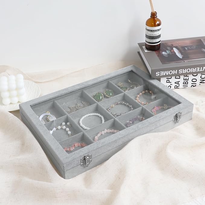 Wudygirl 12 Grid Jewelry Organizer Velvet Jewelry Tray - Image 4