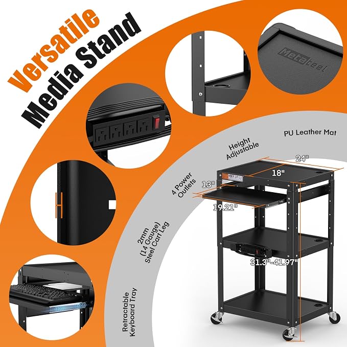 AV Presentation Cart Stand for Video Projector, Laptop Computers, Metal - Image 9