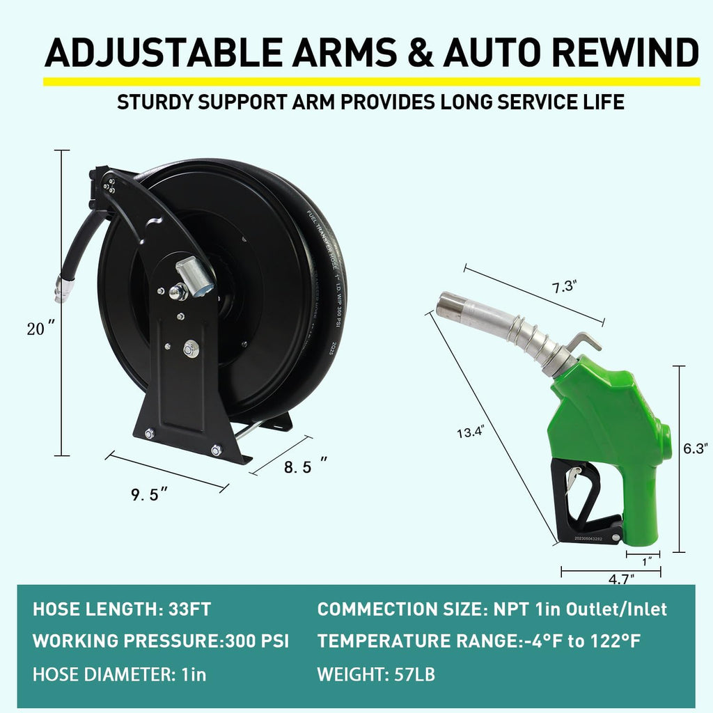 Fuel Hose Reel,1"X33' Retractable Ratchet Spring Driven Diesel Hose
