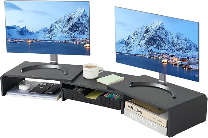 Dual Monitor Stand Riser with Drawer, Computer Stand by RefinedOfficeEasyManagemen