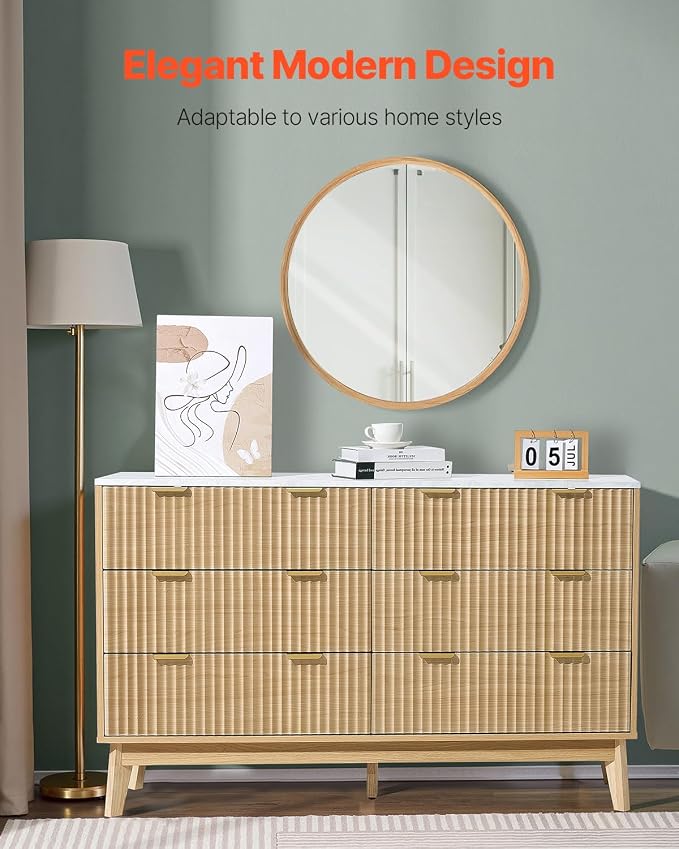 VEVOR Fluted 6 Drawer Dresser, Modern Dresser TV Stand, Wooden Closet Clothes - Image 4