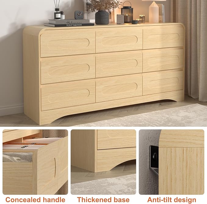 Dresser for Bedroom with 9 Drawers, Wood Closet Clothes Storage Long Dressers - Image 6