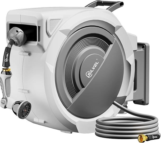 SILVEL Retractable Garden Hose Reel – 5/8 in x 110FT Heavy Duty Automatic Hose by SILVEL