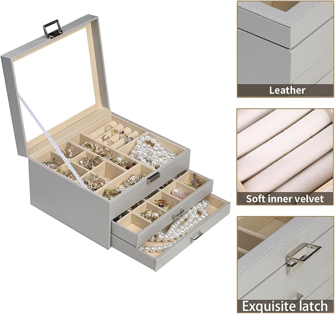 BOOVO Clear Lid Jewelry Box, 3 Layers Jewelry Organizer Large Multi-Functional - Image 2