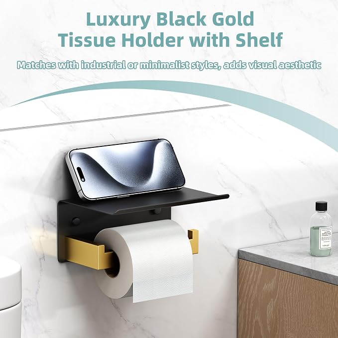 Toilet Paper Holder with Phone Shelf Black & Gold, APLusee 304 Stainless Steel - Image 6