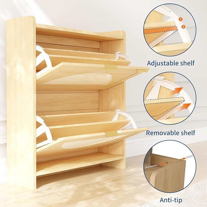 Rattan Shoe Cabinet with 2 Flip Drawers, Natural Wood Shoe Storage Cabinet - Image 4