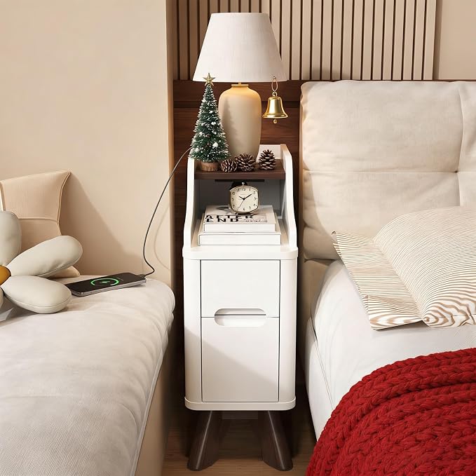 Narrow Nightstand with Drawers, Wood Night Stand with Charger Station, Narrow by SOLACEFURNITURE