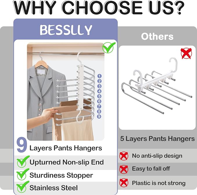 Upgrade 9 Layers Pants Hangers Space Saving, 2 Pack Pant Hangers Organizer - Image 2