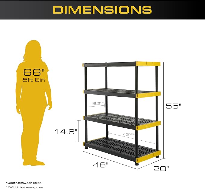 CX Black & Yellow, 4-Tier Heavy Duty Plastic Storage Shelving Unit, 200lbs/shelf - Image 2