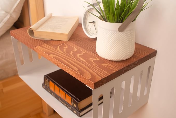 Floating Nightstand with White Metal Base, Wooden Top and Sturdy Metal Base - Image 3