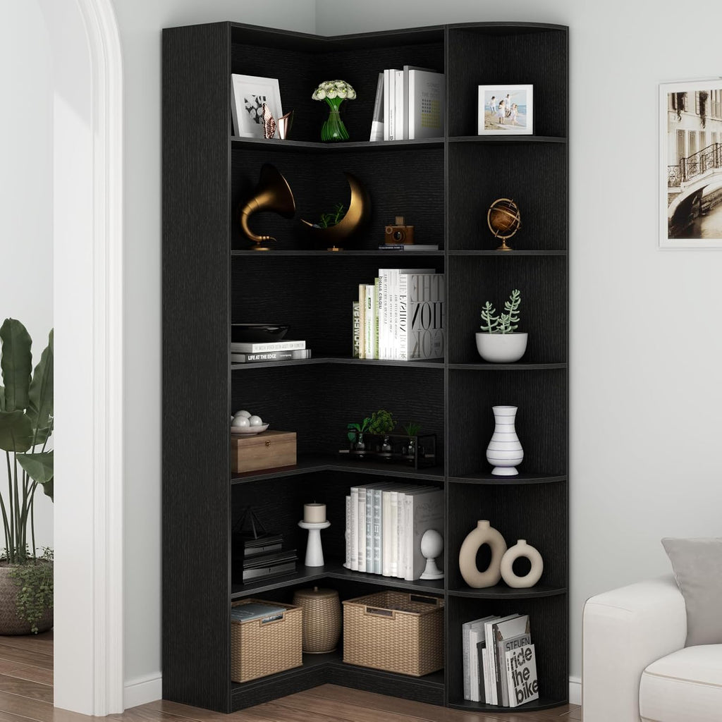 6-Tier Black Corner Bookshelf, 70.87" Tall L-Shaped Bookcase