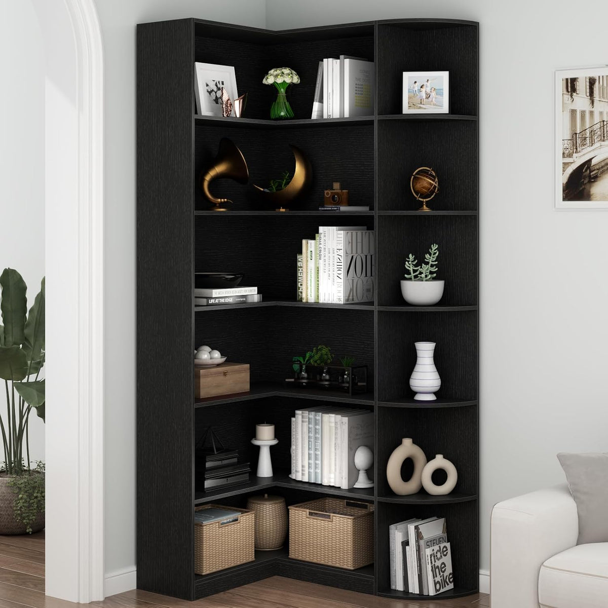 6-Tier Black Corner Bookshelf, 70.87" Tall L-Shaped Bookcase
