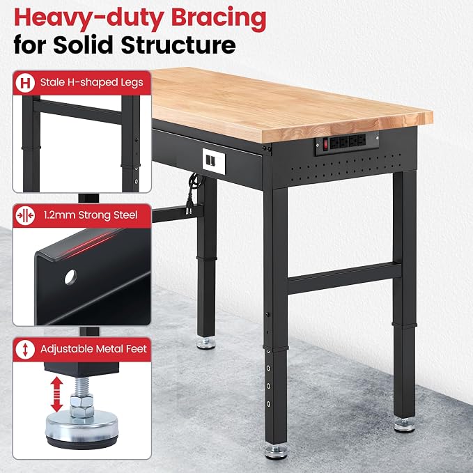 Workbench with Shelf Bracket 48 x 24 Inch Heavy Duty Rubberwood Tabletop Work - Image 4