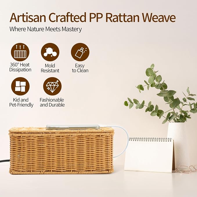 Delamu Handmade Rattan Small Cable Management Box, Cord Organizer - Image 6