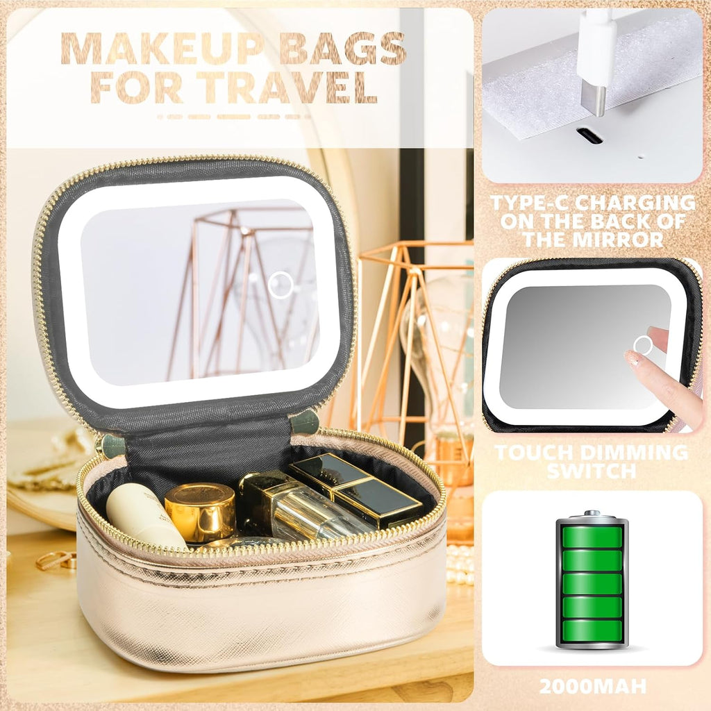 Mini Makeup Bag with Led Mirror, Small Travel Make up Bag 3 Light