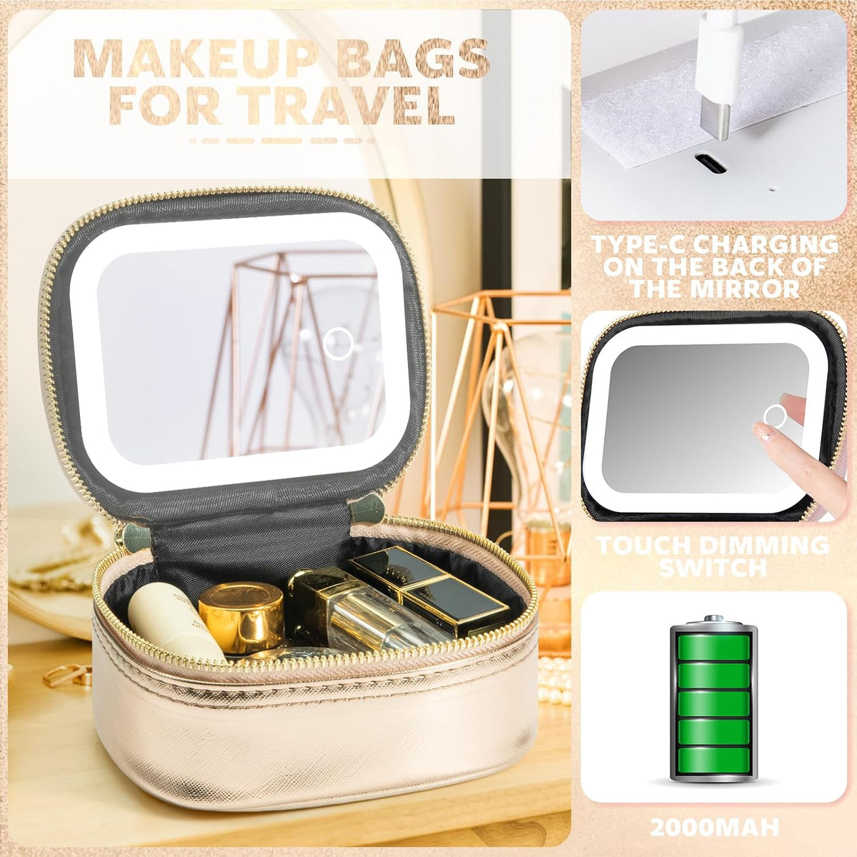 Mini Makeup Bag with Led Mirror, Small Travel Make up Bag 3 Light