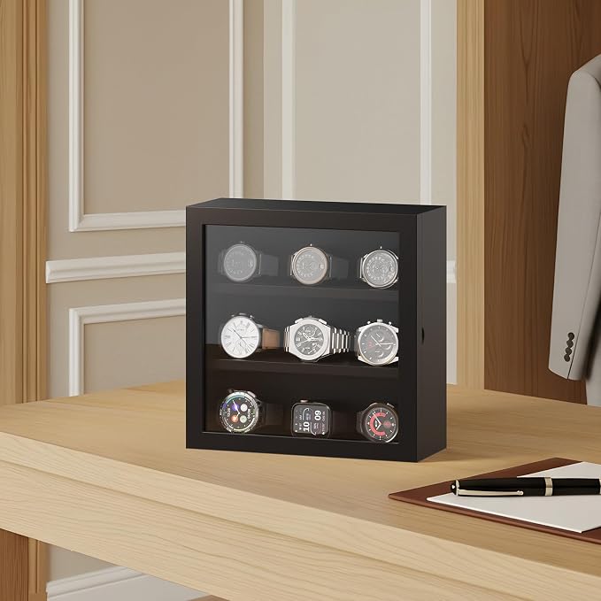 TJ.MOREE 9-Slot Watch Display Case, Wall Mount Wooden Watch Box, Vertical - Image 7