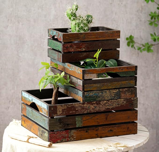 TIMRIS Set of 3 Rustic Distressed Wood Nesting Crates, Farmhouse Decorative by TIMRIS