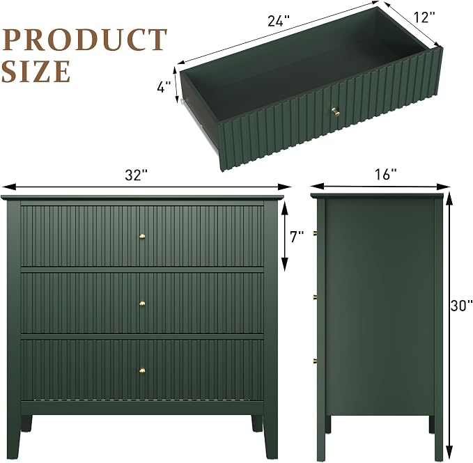 RoyalCraft Green Fluted 3 Drawer Dresser, 32 inch Wide Dresser Nightstand - Image 2