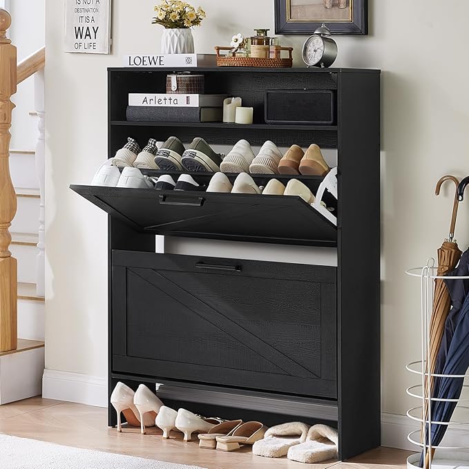 Shoe Storage Cabinet with 2 Flip Drawers, Farmhouse Narrow Shoe Organizer with by RWYHG