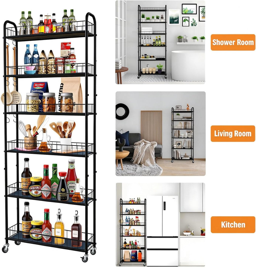 6in 6 Tier Slim Rolling Storage Cart,Mobile Shelving Unit with Wheels