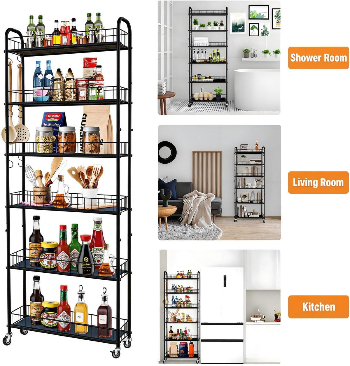6in 6 Tier Slim Rolling Storage Cart,Mobile Shelving Unit with Wheels