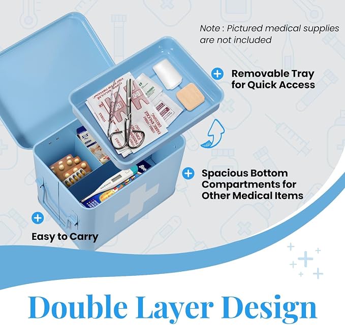 Flexzion First Aid Organizer, 8.5 Inch Blue Vintage Metal Kit Tin - Image 5