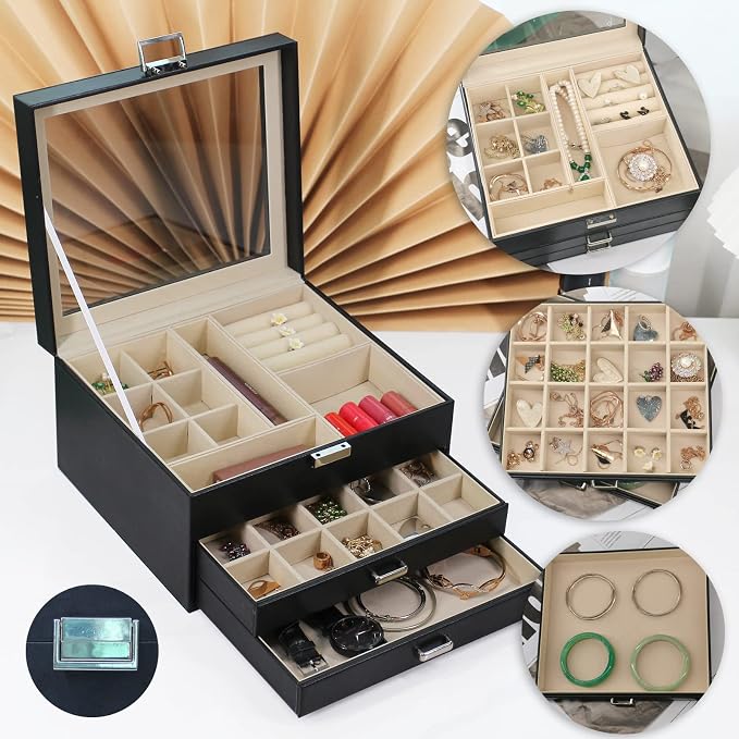 BOOVO Clear Lid Jewelry Box, 3 Layers Jewelry Organizer Large Multi-Functional - Image 2