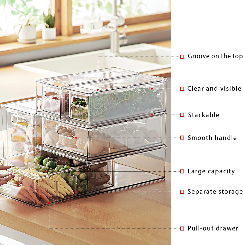 Mano 3PackFridge Drawer Pull Out Stackable Bins with Handle Clear
