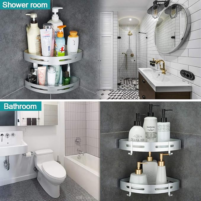 Hoomtaook Corner Caddy Bathroom Shower Shelf Wall Mounted No Drilling 2 Tier - Image 3