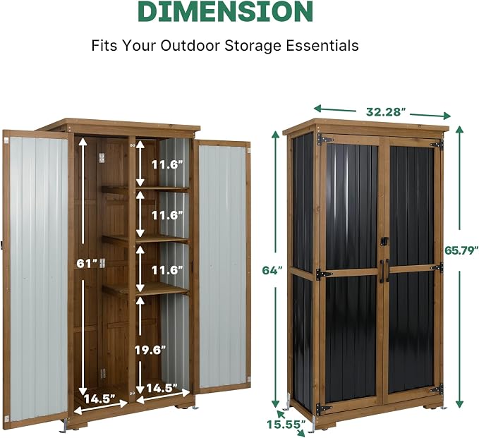 Outdoor Storage Cabinet, Wood & Metal Tall Tool Shed - Image 3