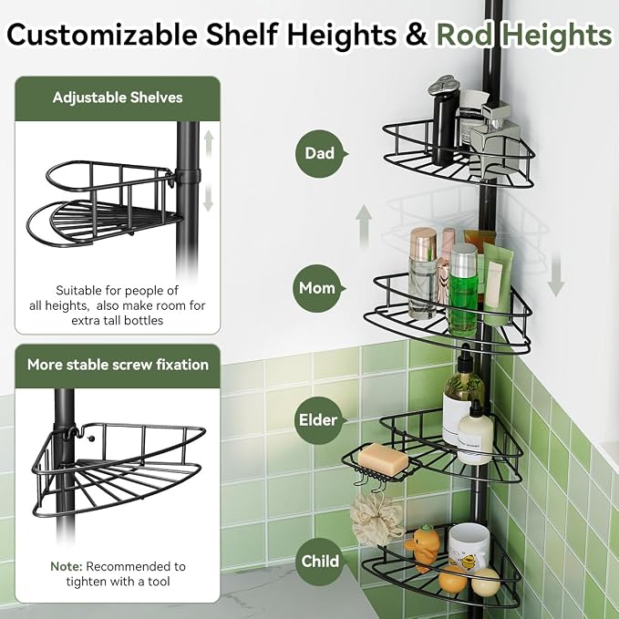 Corner Shower Caddy Tension Pole-4 Tier Adjustable Bathroom Shower Organizer - Image 3