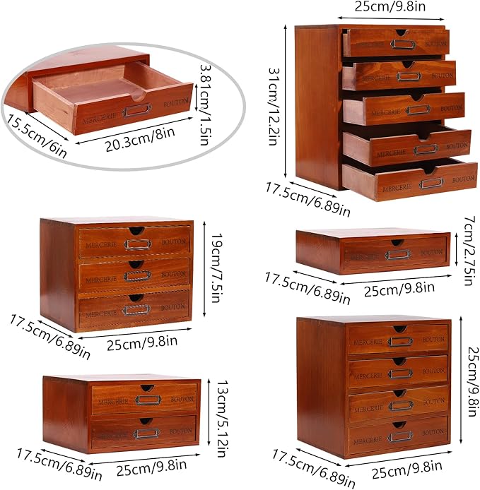 5Pcs Storagee Drawers, Retro Desktop Organize, Wooden Desktop Organizer - Image 2
