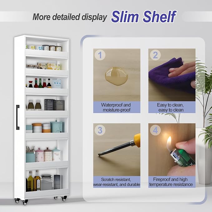 7-Tier Slim Storage Cart, Wooden Rolling Pantry Cabinet - Image 7