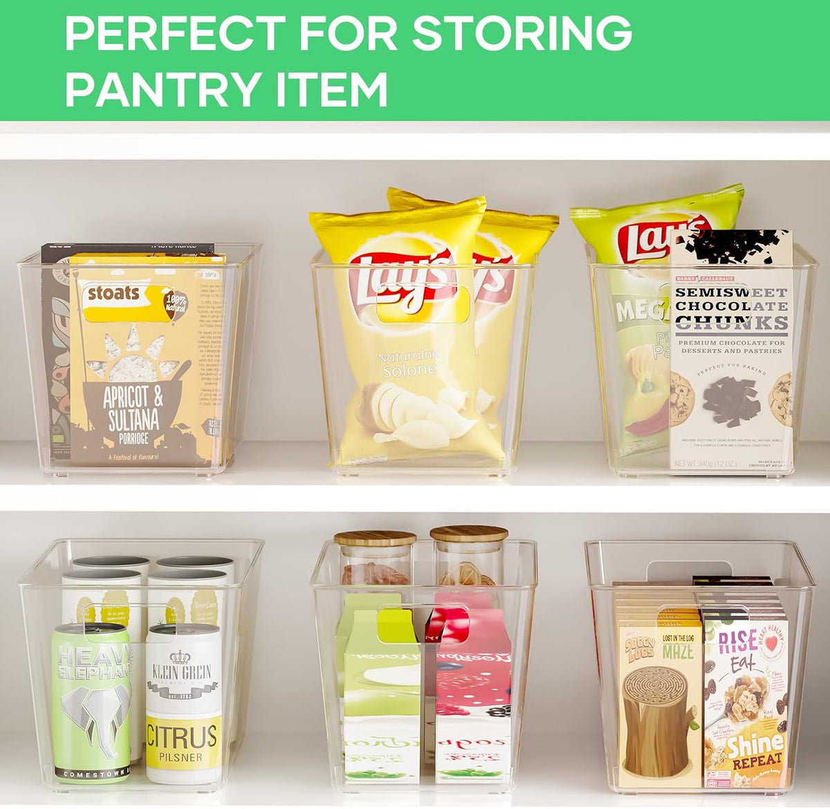 6 Pack Clear Plastic Storage Bins with Handles, 11" Pantry Organizers