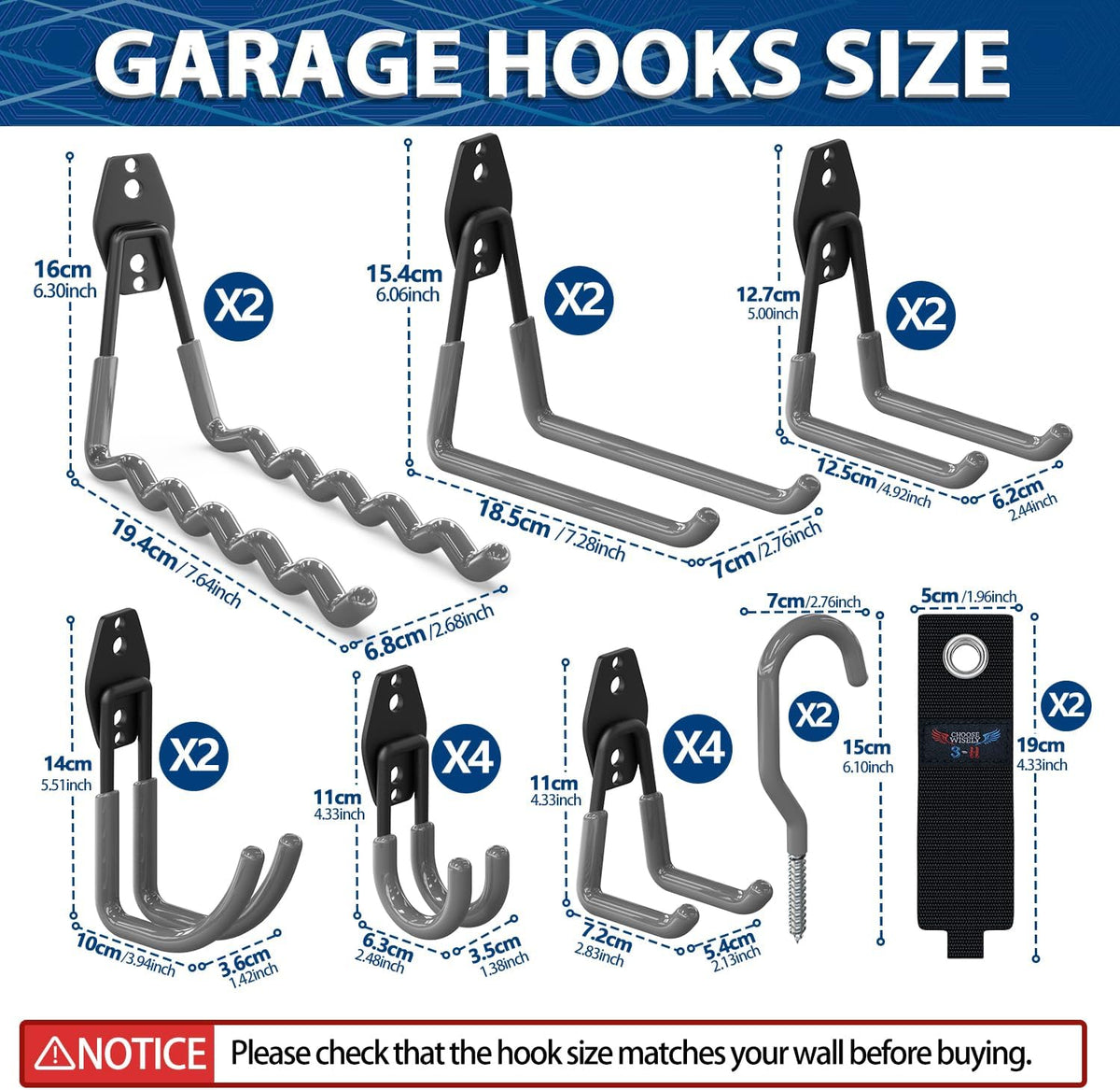 3-H Heavy Duty Garage Hooks, 20 Pack Wall Storage Organizer,Gray