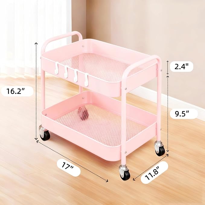 2 Tier Rolling Cart Metal with Wheels Under Desk Storage Cart - Image 5