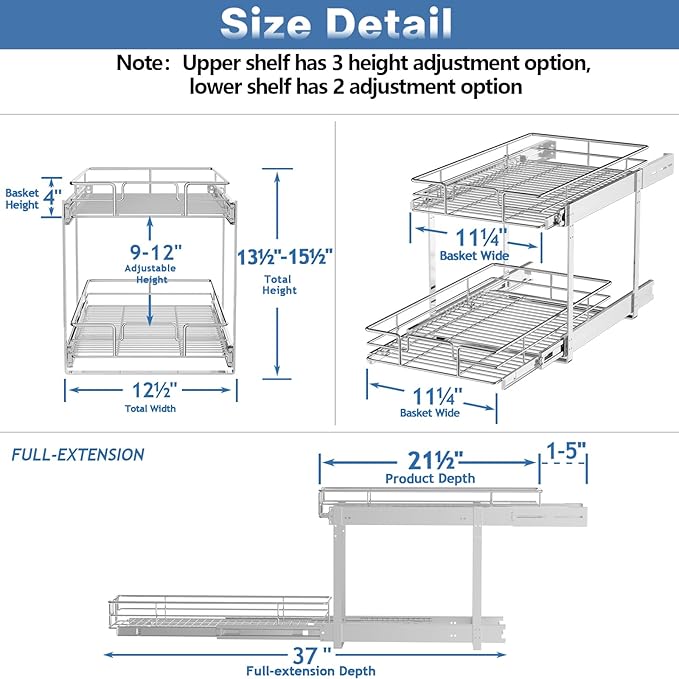 2 Tier Individual Pull Out Cabinet Organizer 12½" W x 21½" D, Heavy Duty - Image 3
