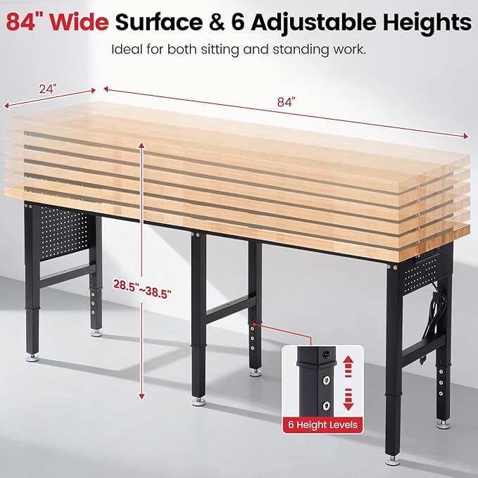 Workbench 84 Inch Heavy Duty Rubber Wood Top Work Bench Adjustable Height Work - Image 7