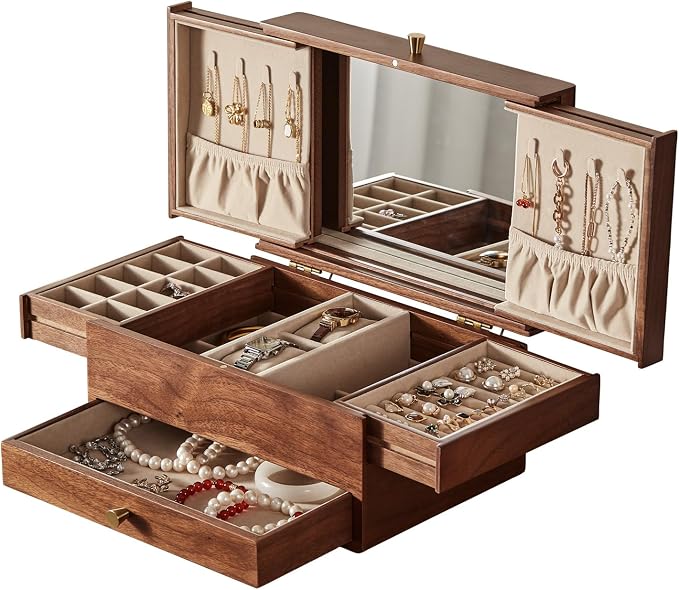 Wooden Jewelry Box for Women, 3 Level Multi-functional Drawers Black Walnut - Image 4