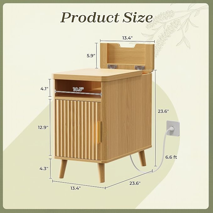 Huuger Narrow End Table with Charging Station, USB-C Port, Fluted Nightstand - Image 3