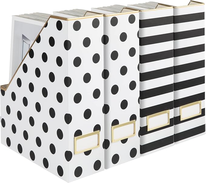 BLU MONACO Set of 4 Magazine File Boxes | 2 Black & White Stripes + 2 Polka by Blu_Monaco