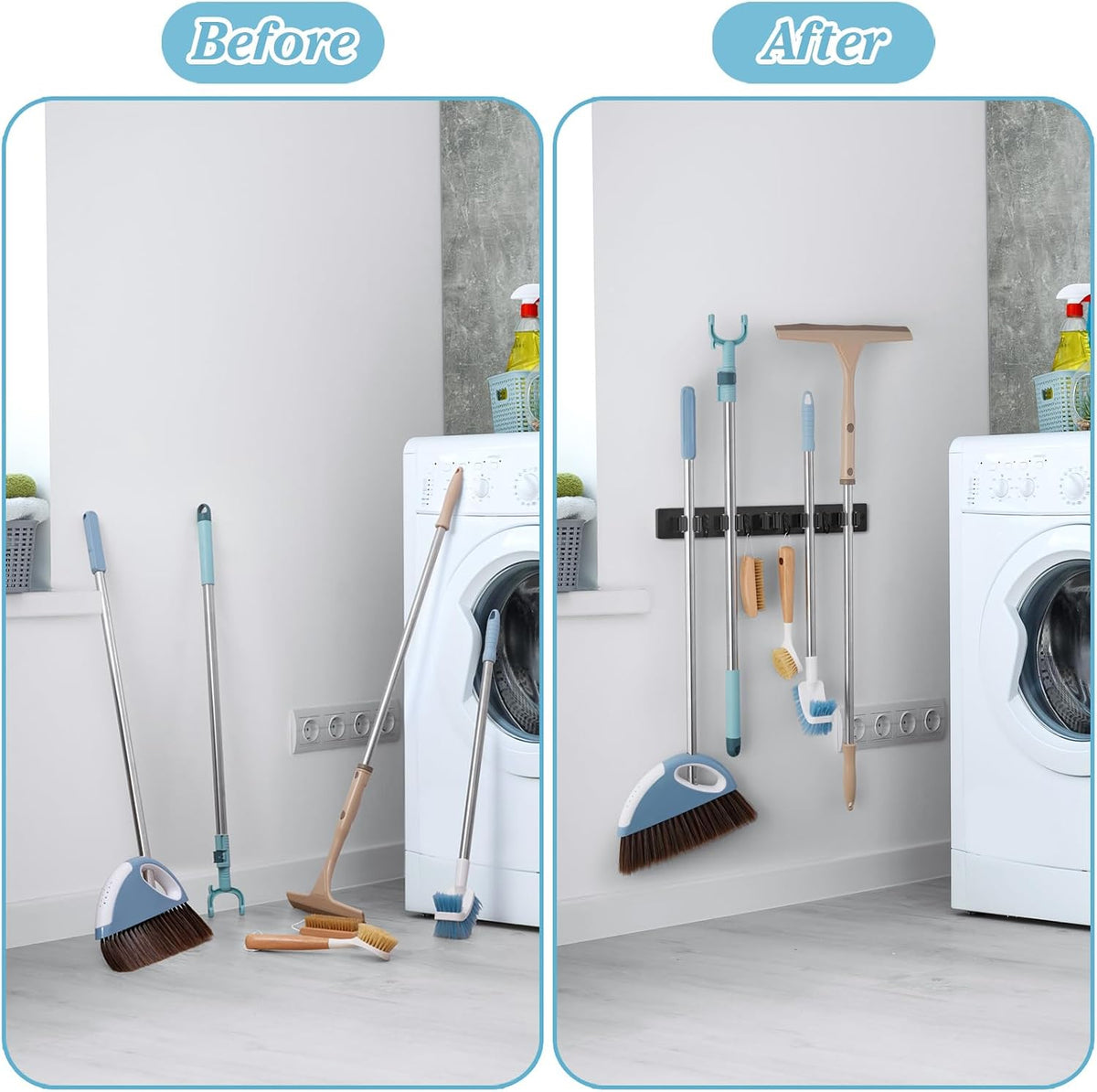Black Broom Holder Wall Mount - Heavy Duty Wood Mop and Broom